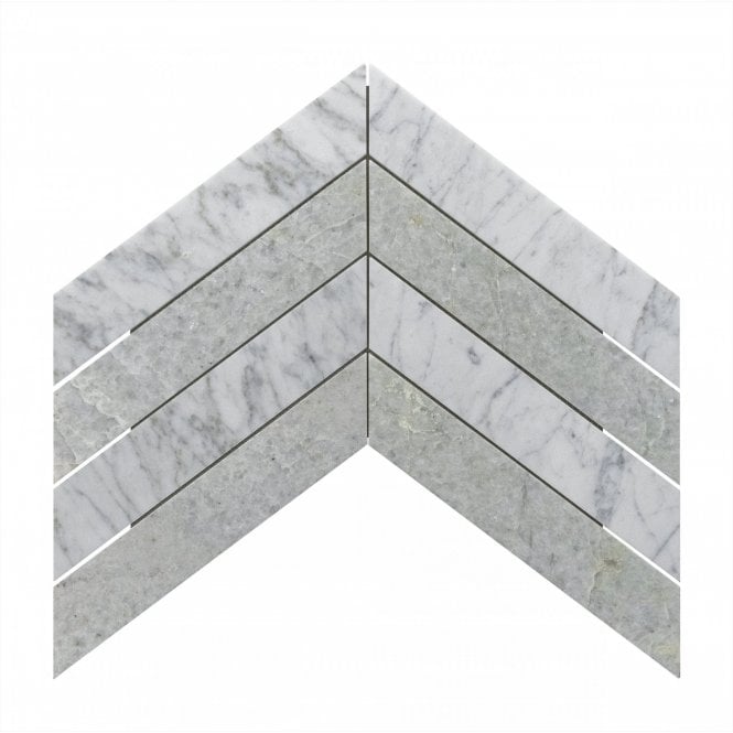 Chevron Carrara White & Forest Green (6.4cm x 26.7cm) 43.1x26.2 Mosaic Tile