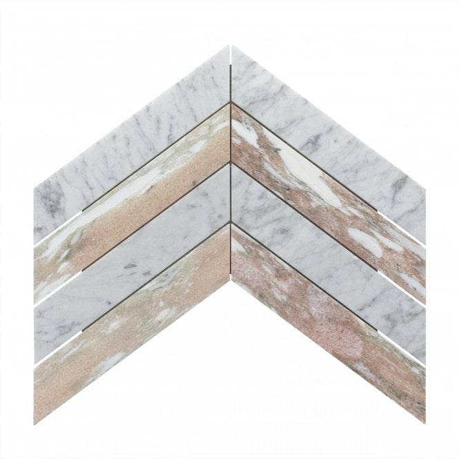 Chevron Carrara White & Norwegian Rose (6.4cm x 26.7cm) 43.1x26.2 Mosaic Tile