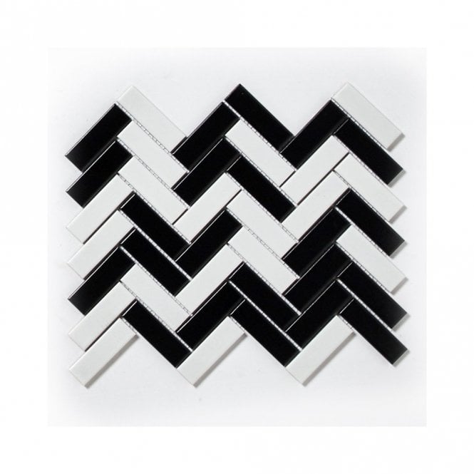 Herringbone White & Black Matte (2.3cm x 7.3cm) 24.7cm x 31.8cm Mosaic Tile