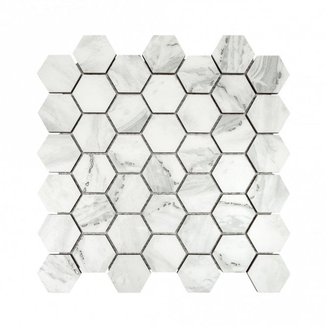 Hex Mosaic Lux Carrara Silver 32.4cm x 33.2cm Mosaic Tile