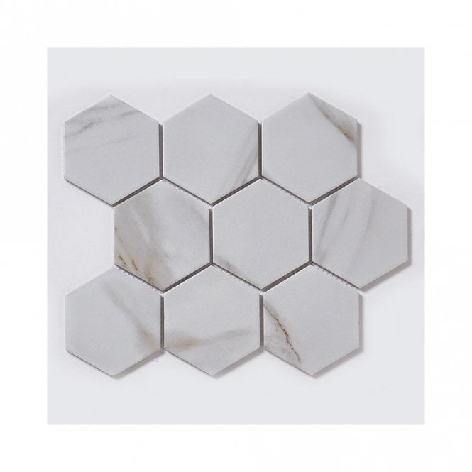 Hexagon XL Calacatta (9.5cm x 11cm) 29.55cm x 25.6cm Mosaic Tile