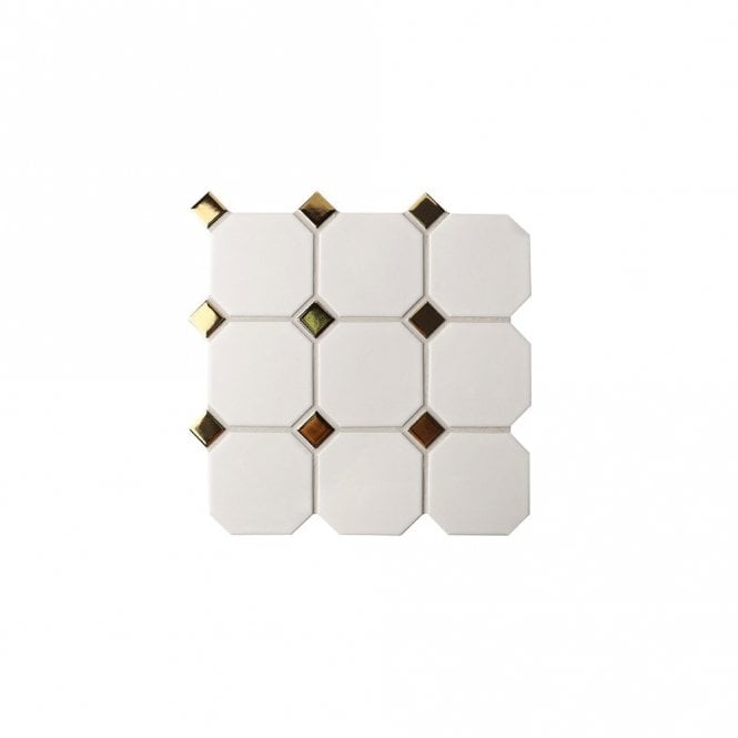 Large Octagon White Matt Gold Dot 30.1cm x 30.1cm (9.52cm x 9.52cm) Mosaic Tile