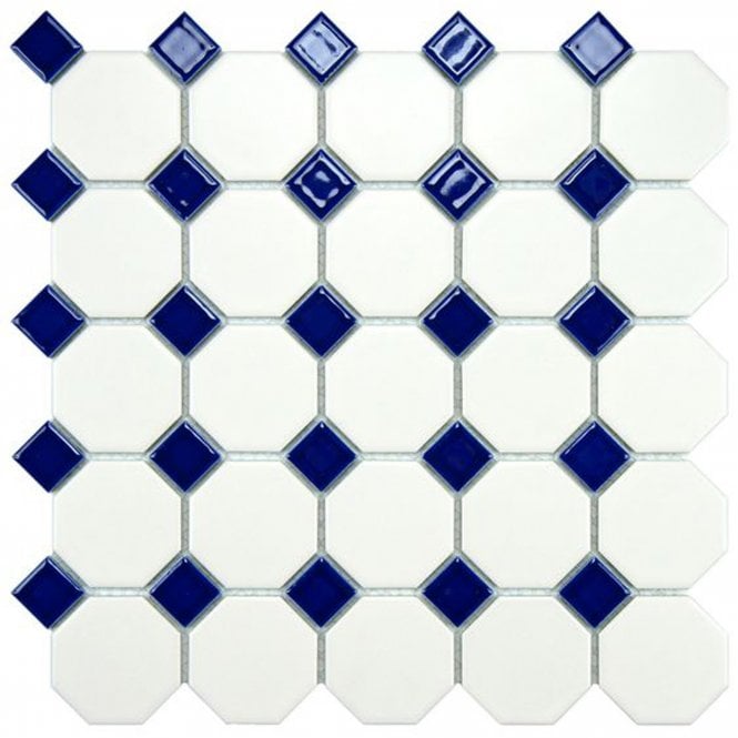 Octagon White Dark Blue Dot 29.5cm x 29.5cm Mosaic Tile
