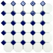 Octagon White Dark Blue Dot 29.5cm x 29.5cm Mosaic Tile