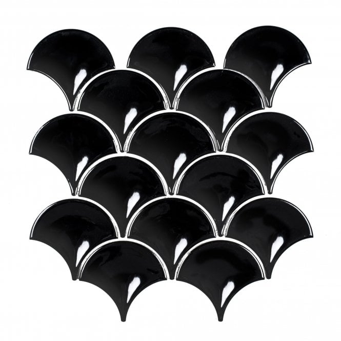 Shell Black Relief Glossy 25.9cm x 27.3cm Mosaic Tile