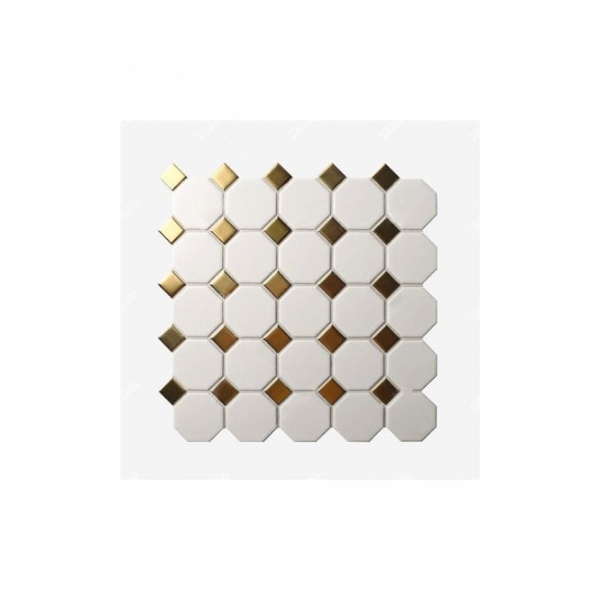Small Octagon White Matt Gold Dot 29.5cm x 29.5cm (2.3cm x 2.3cm) Mosaic Tile